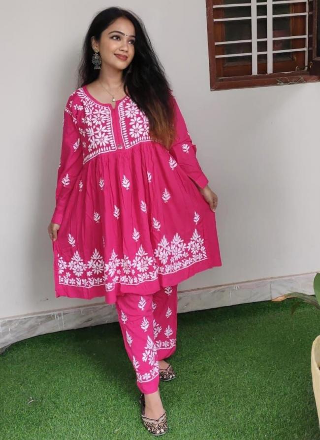 Soft Rayon Hot Pink Casual Wear Embroidery Work Readymade Kurti With Bottom